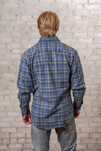 Men's Organic Plush Flannel Blue and Green Plaid Western Shirt by Rockmount Ranch Wear with sawtooth pockets