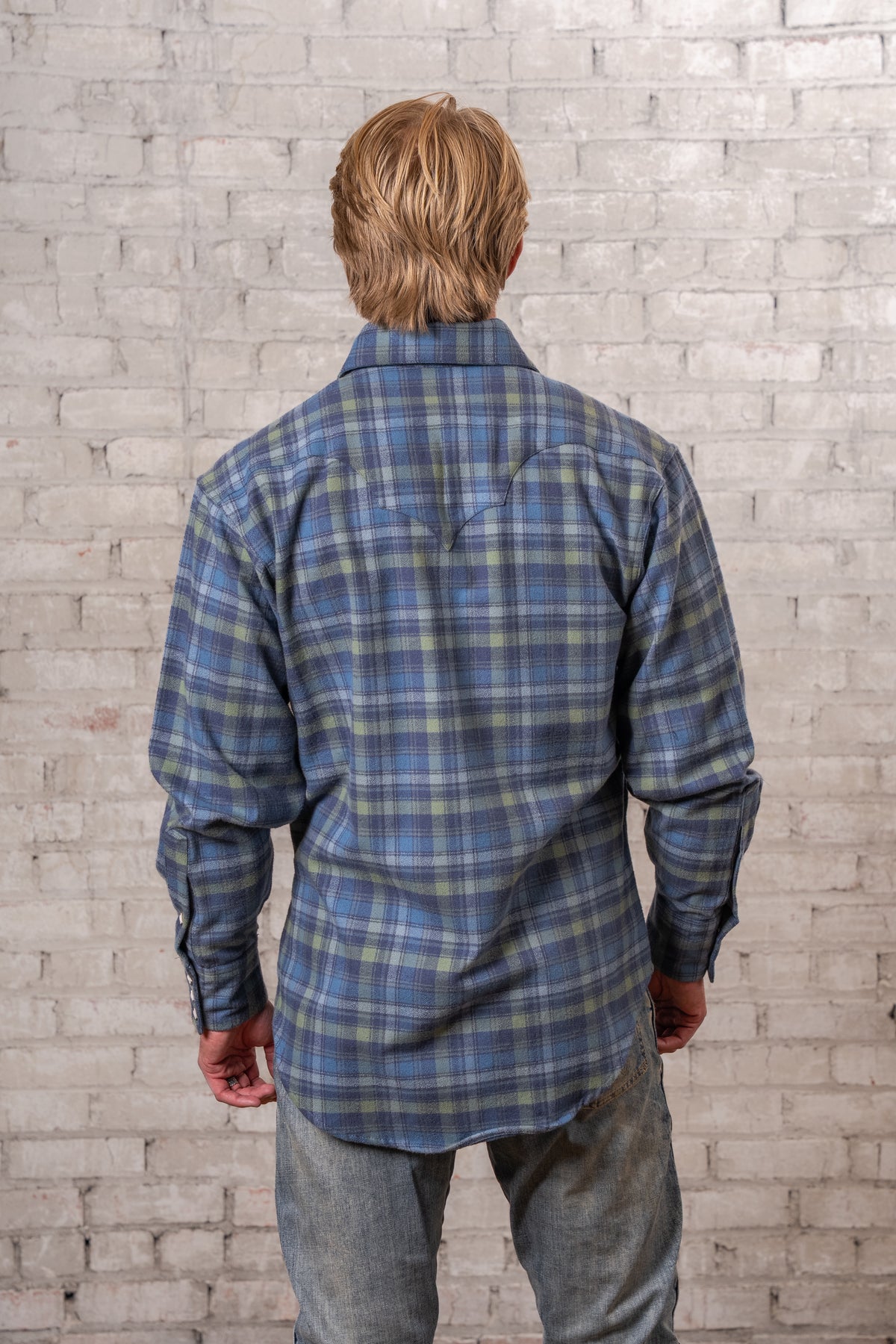 Men's Organic Plush Flannel Blue and Green Plaid Western Shirt by Rockmount Ranch Wear with sawtooth pockets