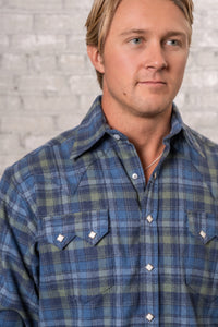 Men's Organic Plush Flannel Blue and Green Plaid Western Shirt by Rockmount Ranch Wear with sawtooth pocket