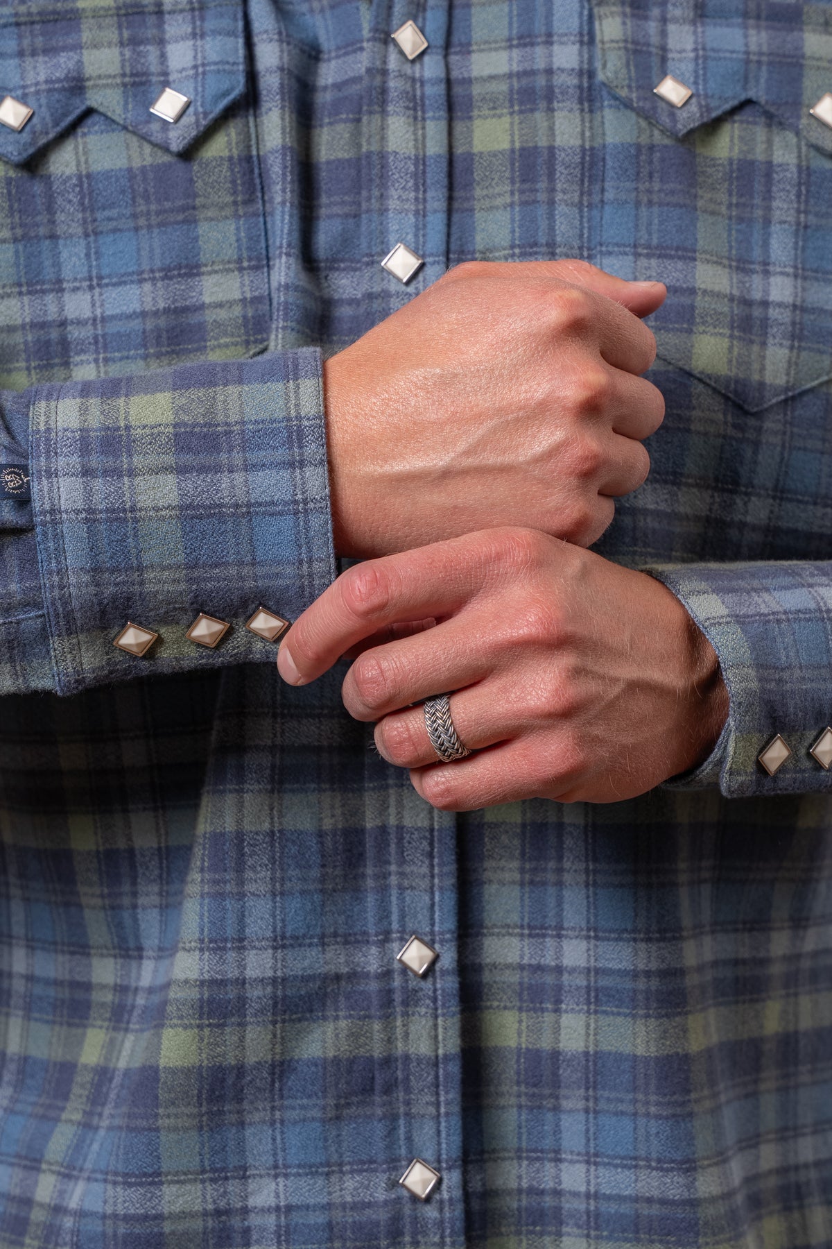 Men's Organic Plush Flannel Blue and Green Plaid Western Shirt by Rockmount Ranch Wear with sawtooth pockets