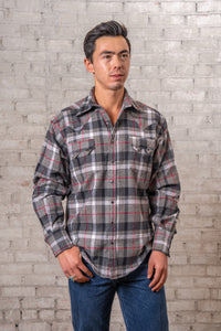 Men's Plush Flannel Black and Grey Plaid Western Shirt by Rockmount Ranch Wear with sawtooth pockets and diamond snaps