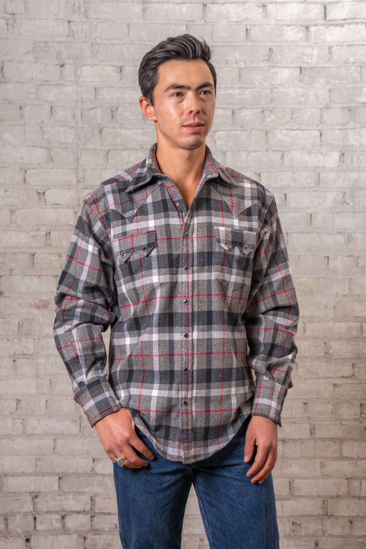 Men's Plush Flannel Black and Grey Plaid Western Shirt by Rockmount Ranch Wear with sawtooth pockets and diamond snaps