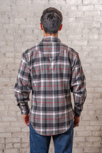 Men's Plush Flannel Black and Grey Plaid Western Shirt by Rockmount Ranch Wear, 100 cotton flannel with sawtooth pockets and diamond snaps