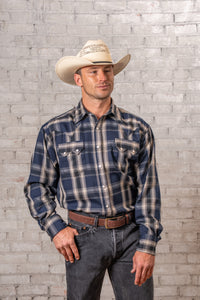 Men's Navy Fine Shadow Plaid Western Shirt by Rockmount Ranch Wear, long sleeve snap-front denim western shirt