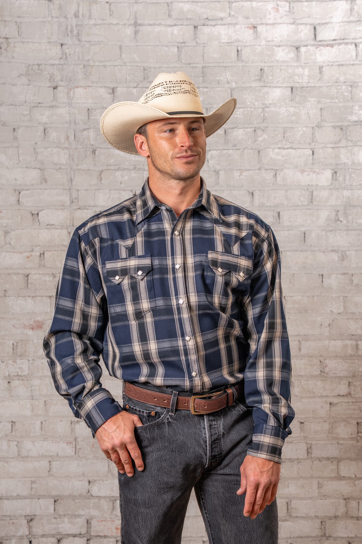 Men's Navy Fine Shadow Plaid Western Shirt by Rockmount Ranch Wear, long sleeve snap-front denim western shirt