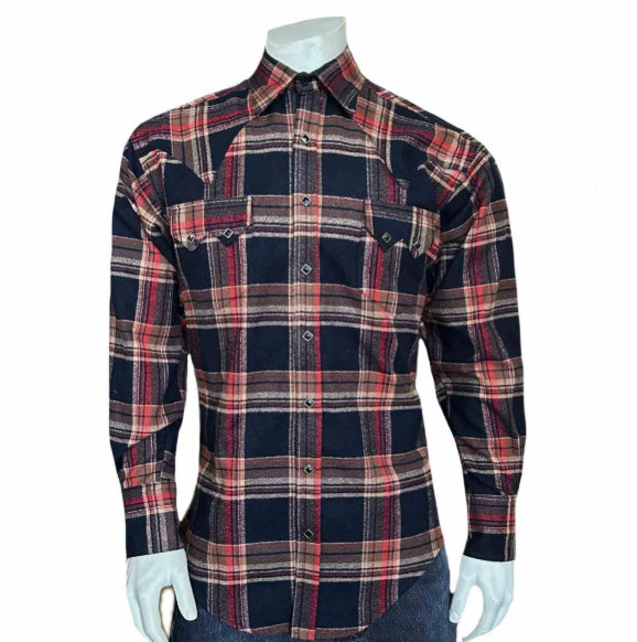 Men's Plush Flannel Brown and Black Plaid Western Shirt by Rockmount Ranch Wear with sawtooth pocket and diamond snap front