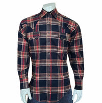 Men's Plush Flannel Brown and Black Plaid Western Shirt by Rockmount Ranch Wear with sawtooth pocket and diamond snap front
