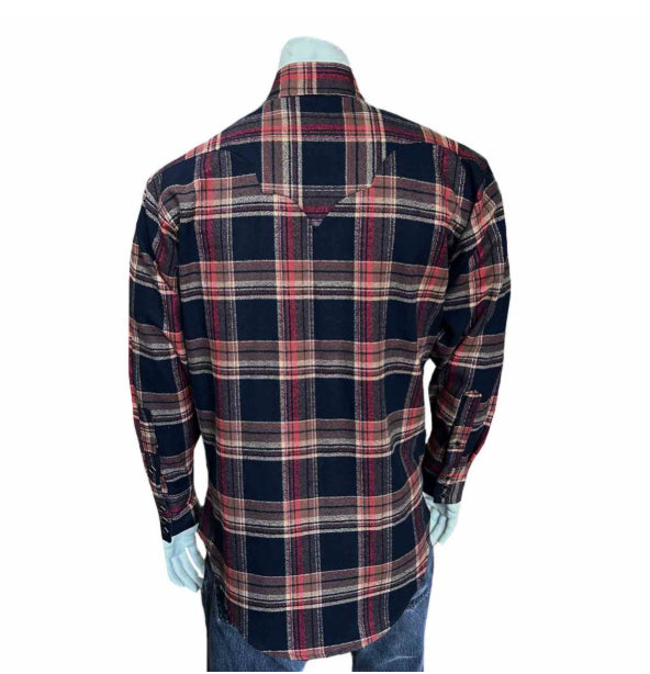 Men's Plush Flannel Brown and Black Plaid Western Shirt by Rockmount Ranch Wear with sawtooth pockets and diamond snap front