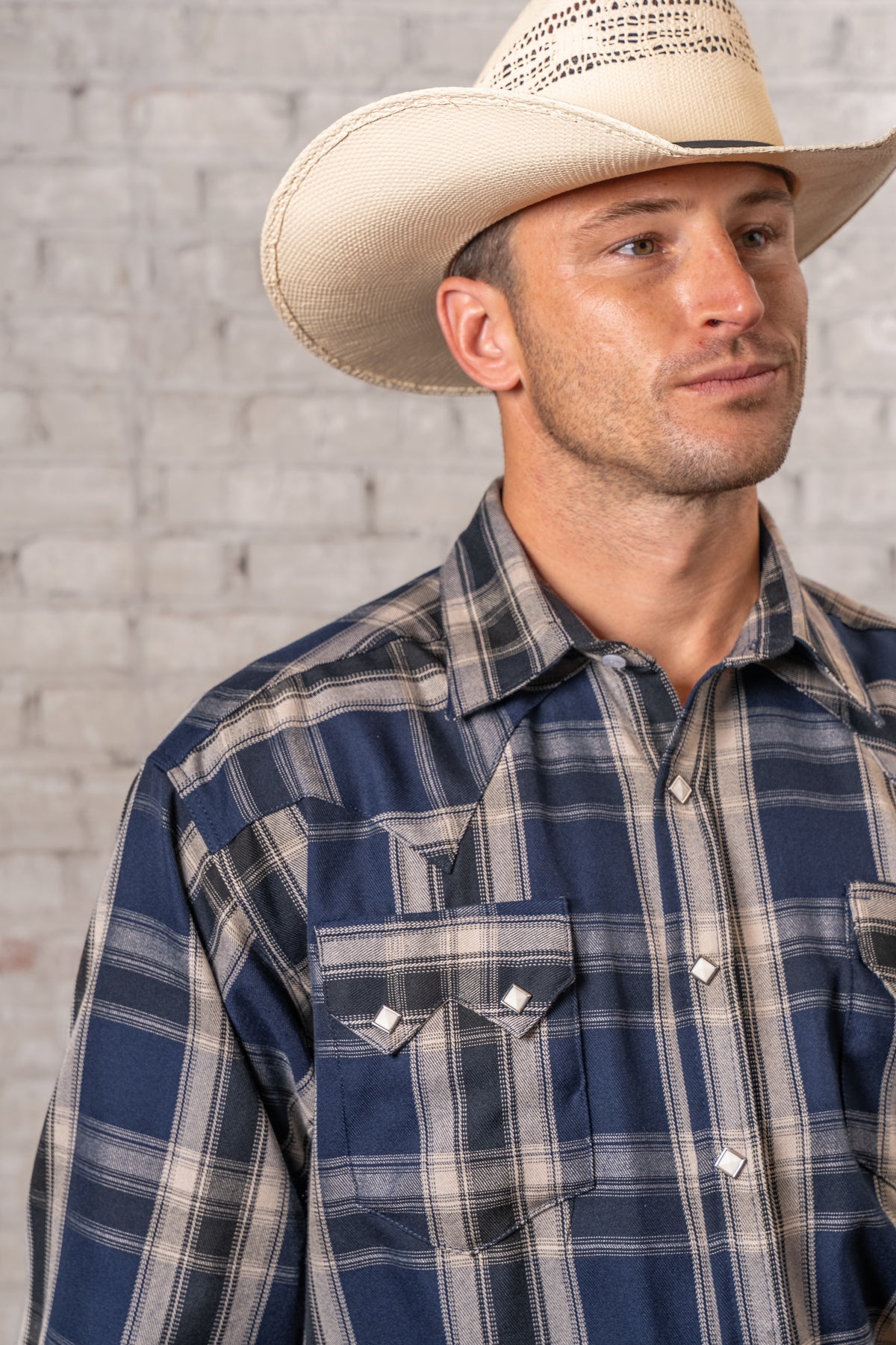 Men's Navy Fine Shadow Plaid Western Shirt by Rockmount Ranch Wear, denim plaid with diamond snap front
