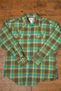 Men's Plush Flannel Green and Turquoise Plaid Western Shirt by Rockmount Ranch Wear in 100 percent cotton flannel