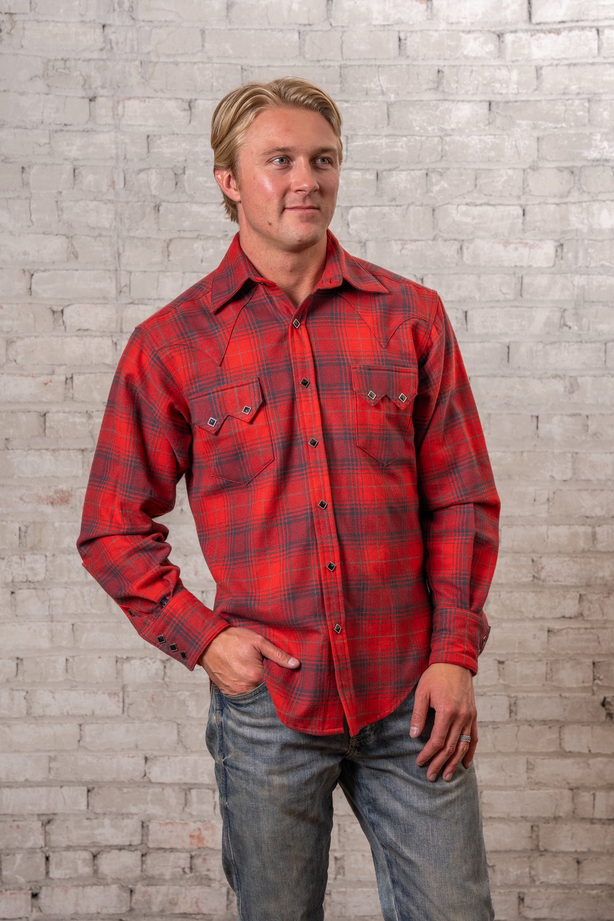 Men's Plush Flannel Red and Grey Plaid Western Shirt by Rockmount Ranch Wear with sawtooth pocket and snaps