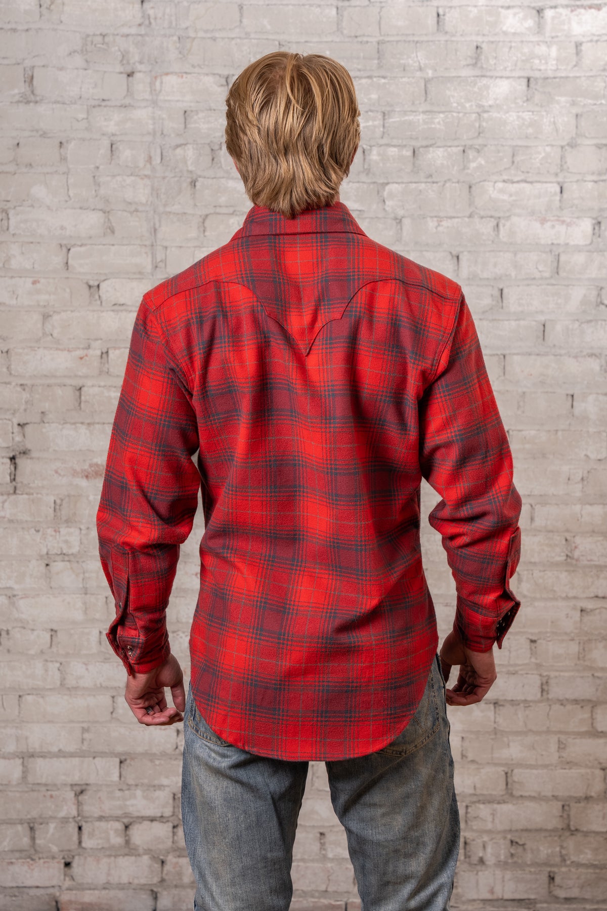 Men's Plush Flannel Red and Grey Plaid Western Shirt by Rockmount Ranch Wear, sawtooth pockets and diamond snaps