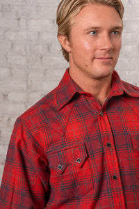 Men's Plush Flannel Red and Grey Plaid Western Shirt by Rockmount Ranch Wear with sawtooth pockets and diamond snaps