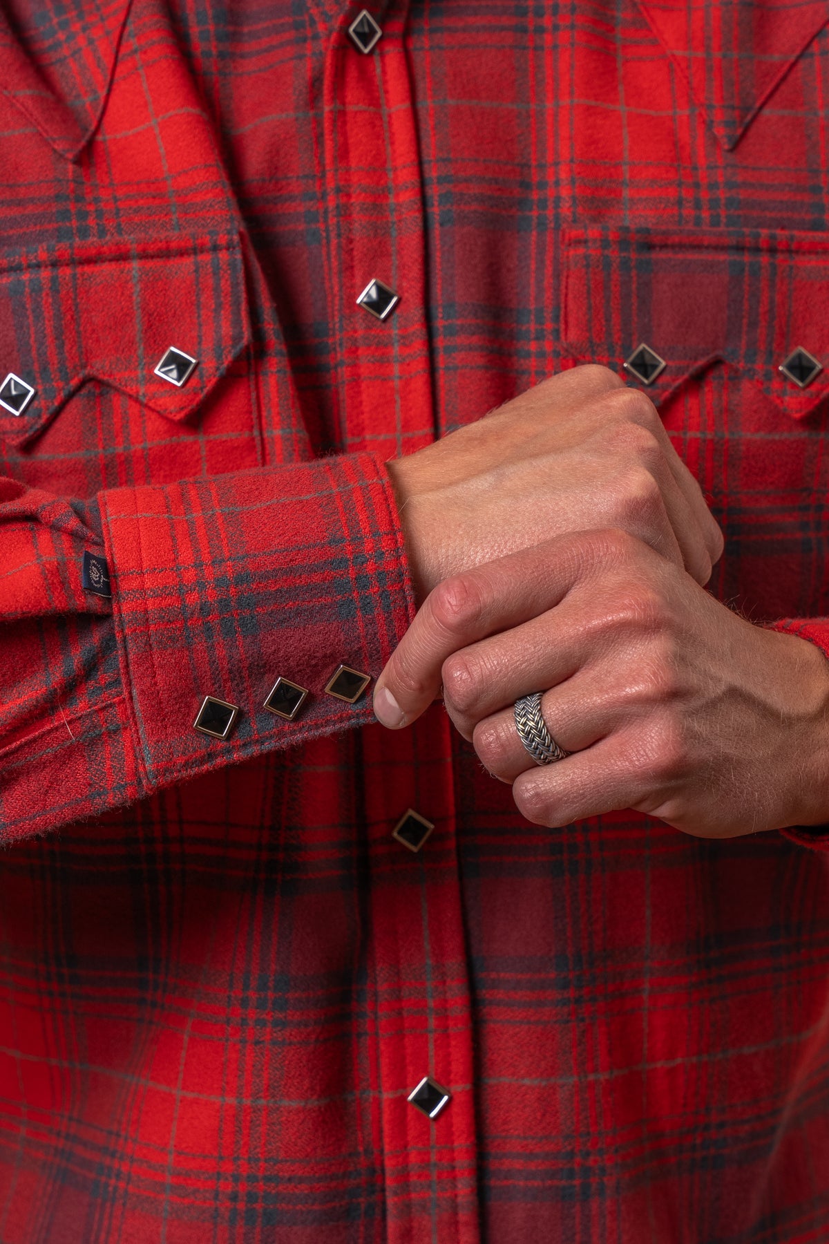 Men's Plush Flannel Red and Grey Plaid Western Shirt by Rockmount Ranch Wear with diamond snaps