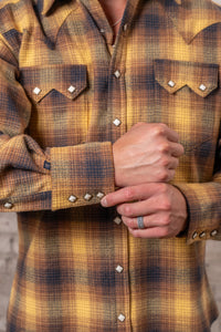 Men's Toast Plush Flannel Plaid Western Shirt by Rockmount Ranch Wear in vintage yellow with sawtooth pocket and diamond snaps