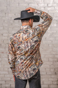 Men's Dead Pirates Print Western Shirt by Rockmount Ranch Wear in vintage print with round snaps closure