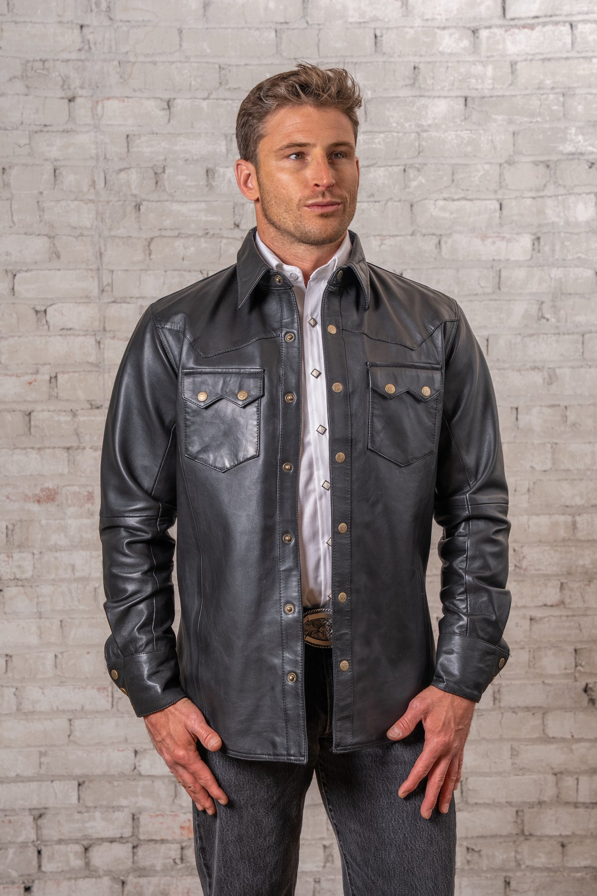 Men's Charcoal Calf Skin Leather Western Shirt by Rockmount Ranch Wear with snap-button closure and sawtooth pockets