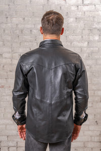 Men's Charcoal Calf Skin Leather Western Shirt by Rockmount Ranch Wear with snap-button closure and sawtooth pockets