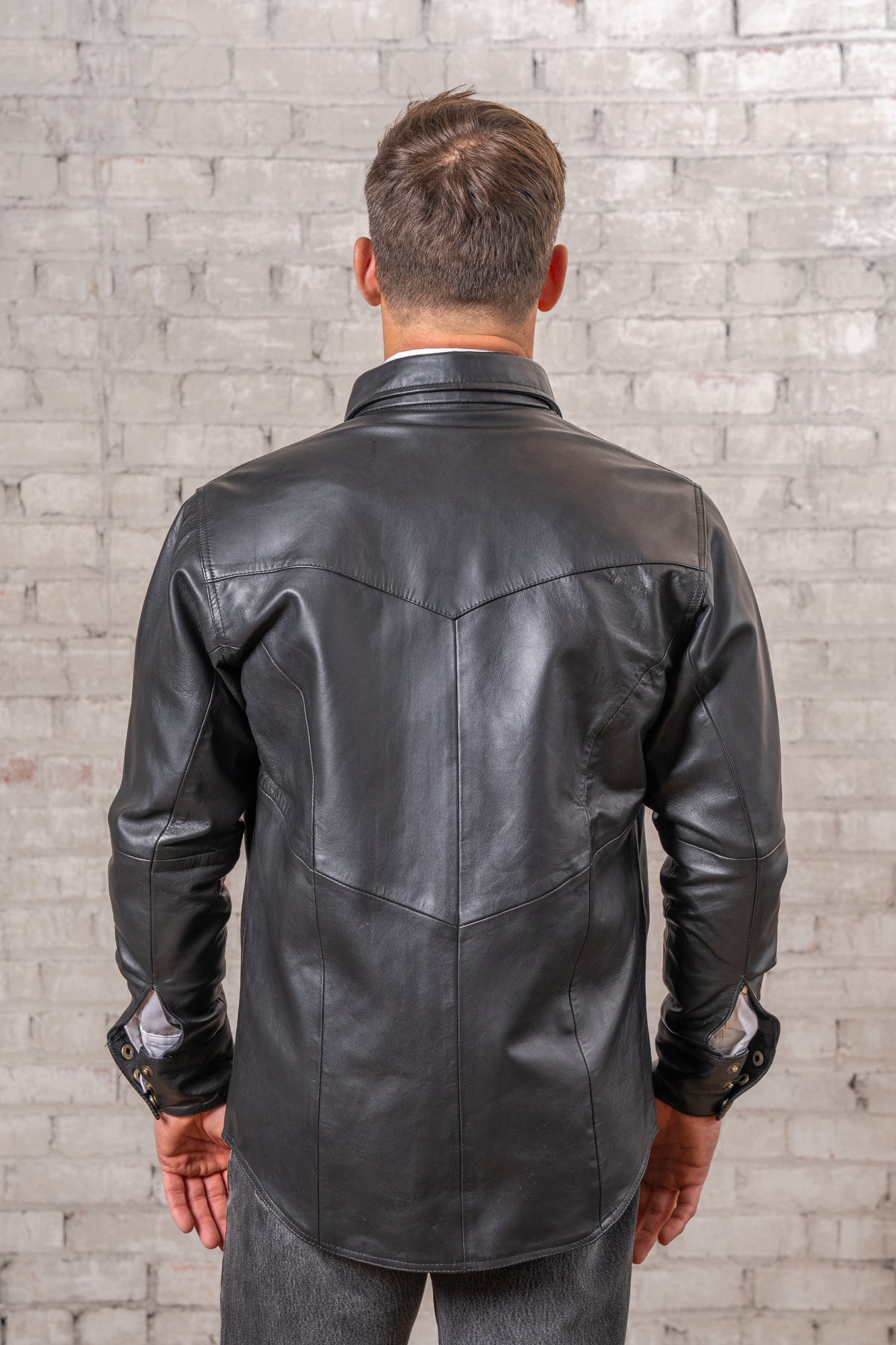 Men's Charcoal Calf Skin Leather Western Shirt by Rockmount Ranch Wear with snap-button closure and sawtooth pockets