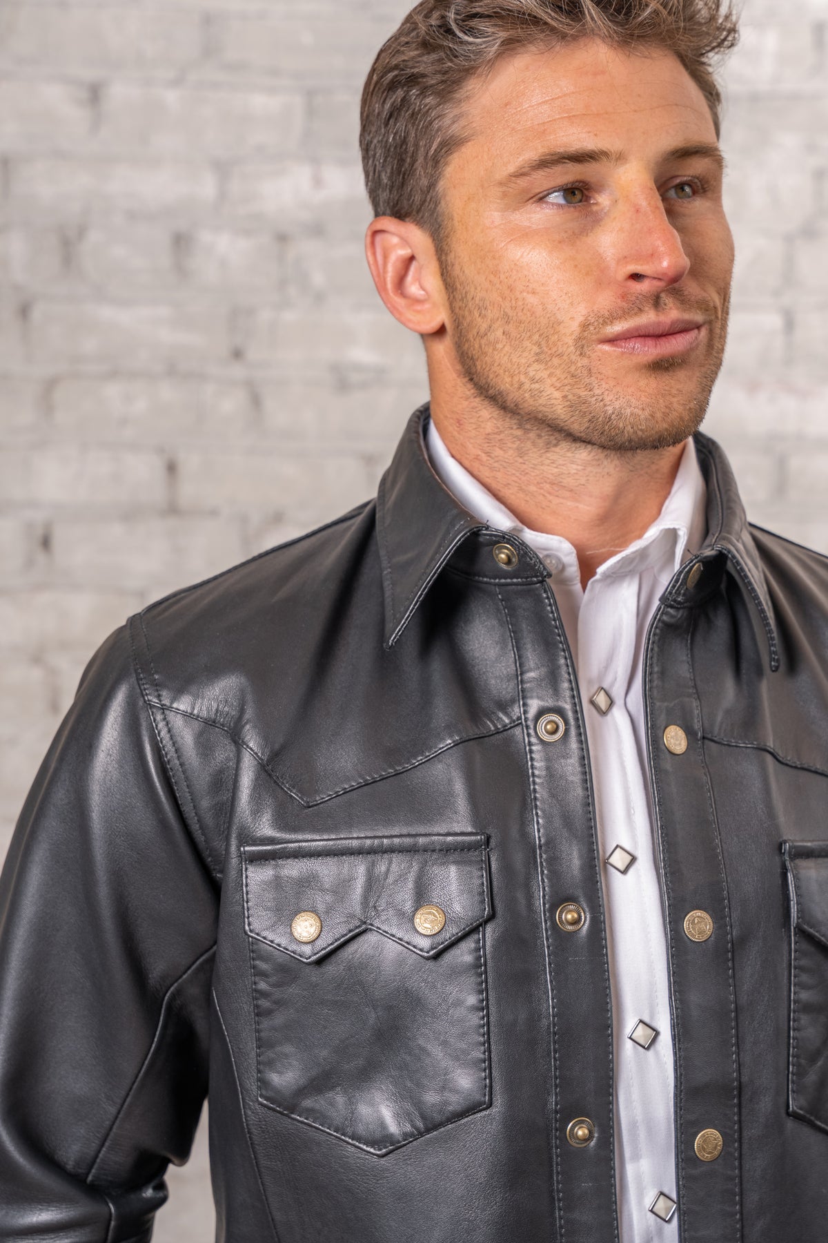 Men's Charcoal Calf Skin Leather Western Shirt by Rockmount Ranch Wear with snap-button closure and sawtooth pockets