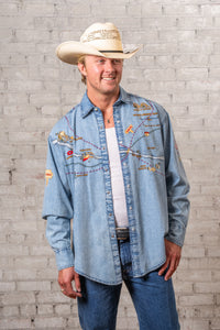 Men's Denim Embroidered Map Western Shirt by Rockmount Ranch Wear in vintage denim with embroidered western map motif