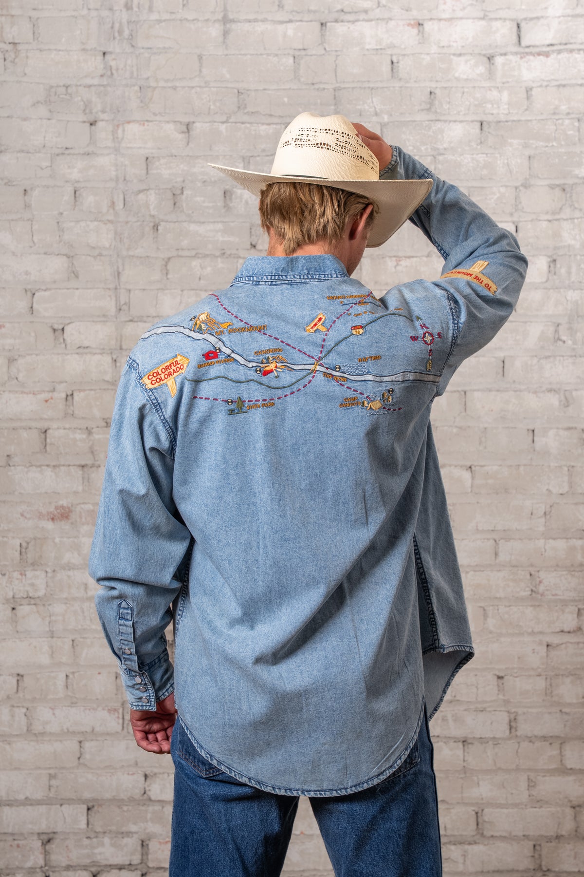 Men's Denim Embroidered Map Western Shirt by Rockmount Ranch Wear in vintage denim with floral embroidered western map