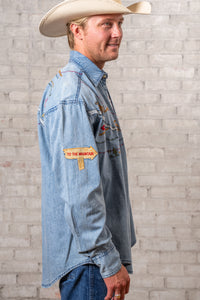 Men's Denim Embroidered Map Western Shirt by Rockmount Ranch Wear in vintage denim with floral embroidery