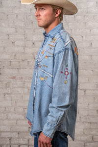 Men's Denim Embroidered Map Western Shirt by Rockmount Ranch Wear, vintage denim with embroidered western map motif