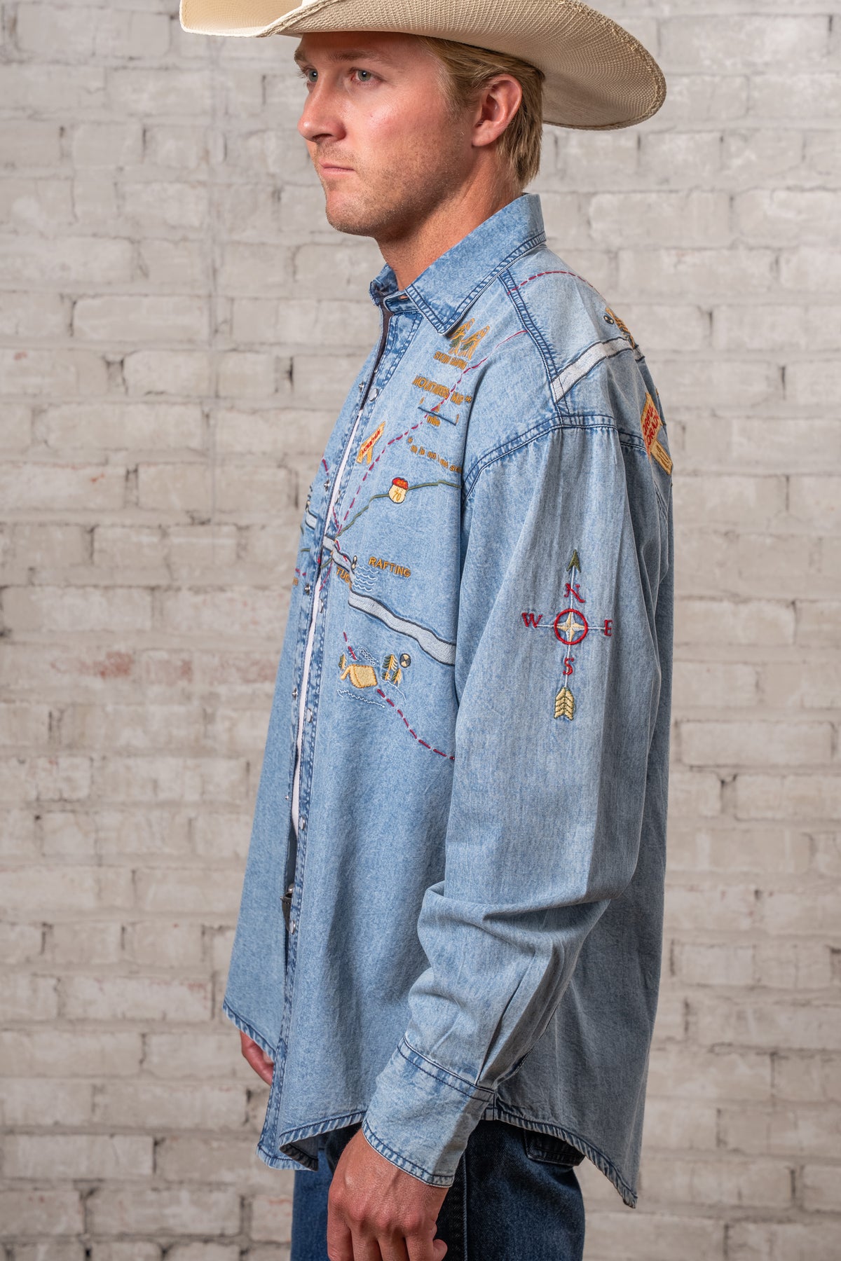 Men's Denim Embroidered Map Western Shirt by Rockmount Ranch Wear, vintage denim with embroidered western map motif