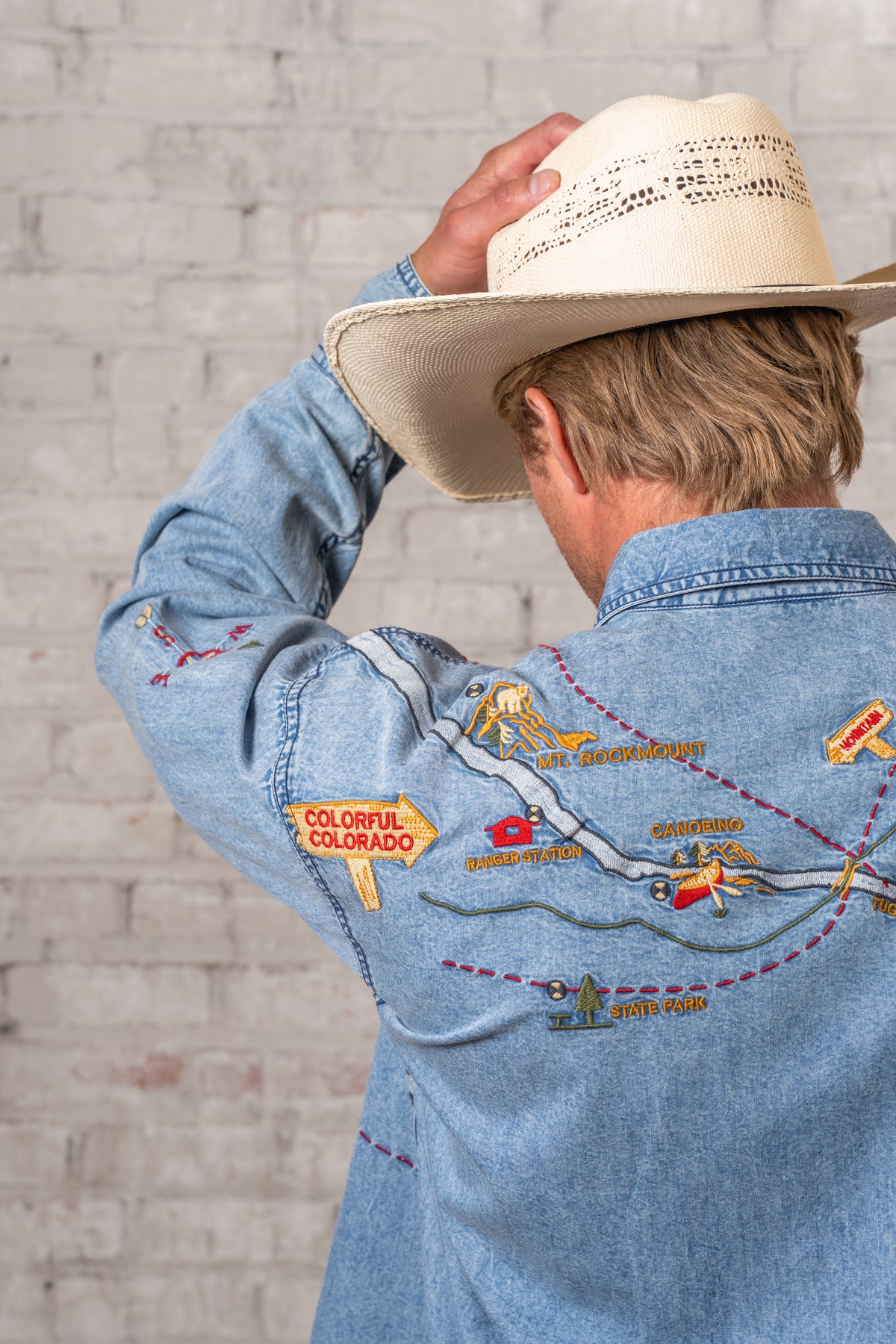 Men's Denim Embroidered Map Western Shirt by Rockmount Ranch Wear in vintage light blue denim with embroidered western map
