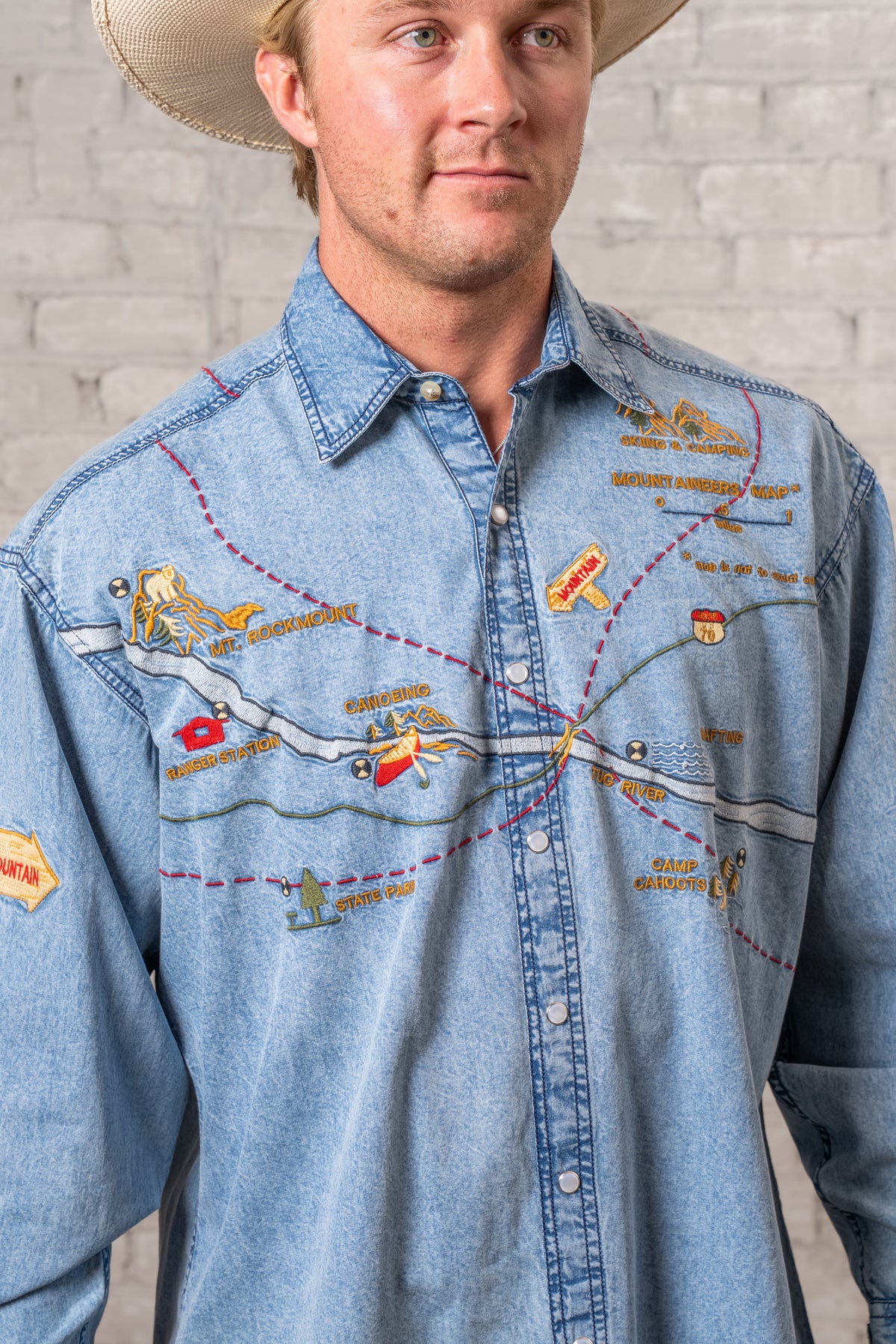 Men's Denim Embroidered Map Western Shirt by Rockmount Ranch Wear in vintage blue denim with embroidered western map