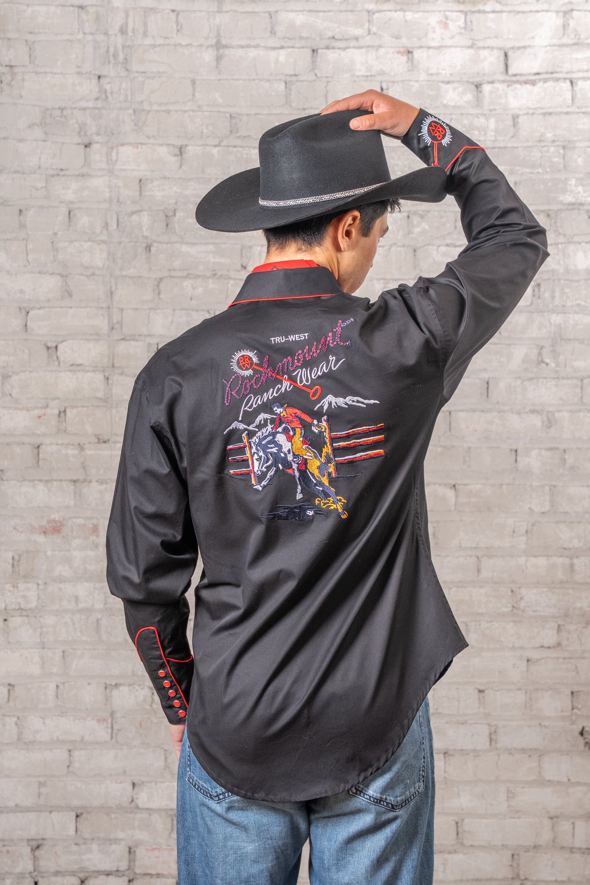 Men's Rockmount Vintage Black Bronc Embroidered Western Shirt by Rockmount Ranch Wear with heavily embroidered back