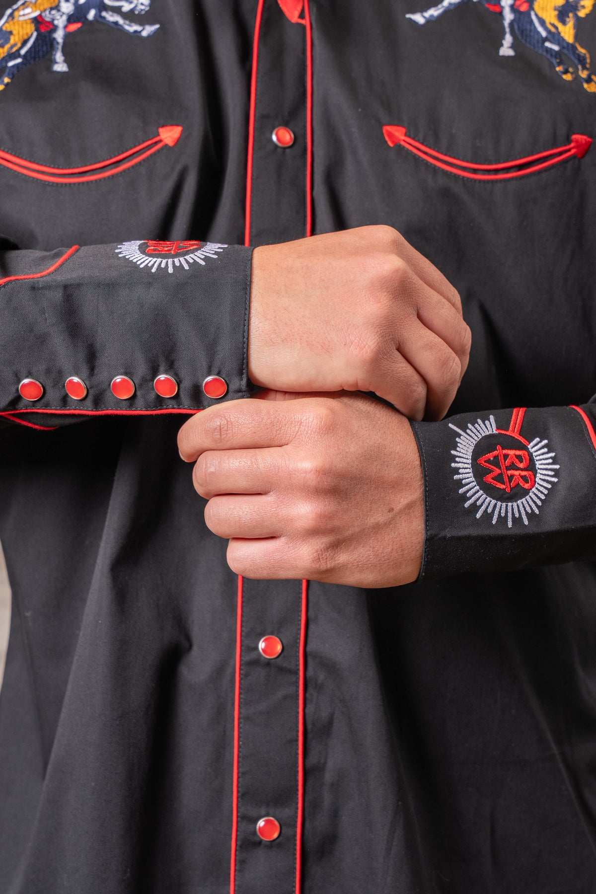 Men's Rockmount Vintage Black Bronc Embroidered Western Shirt by Rockmount Ranch Wear with western snap shirt details