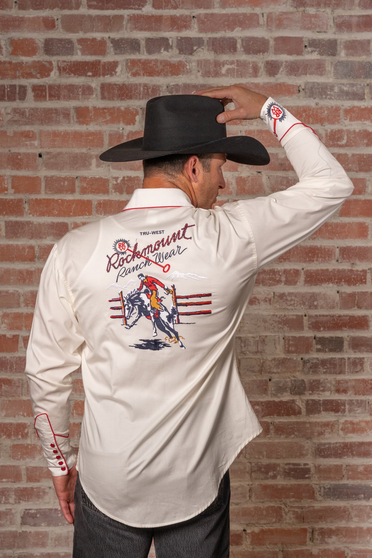 Men's Rockmount Vintage Ivory Bronc Embroidered Western Shirt by Rockmount Ranch Wear with heavily embroidered front