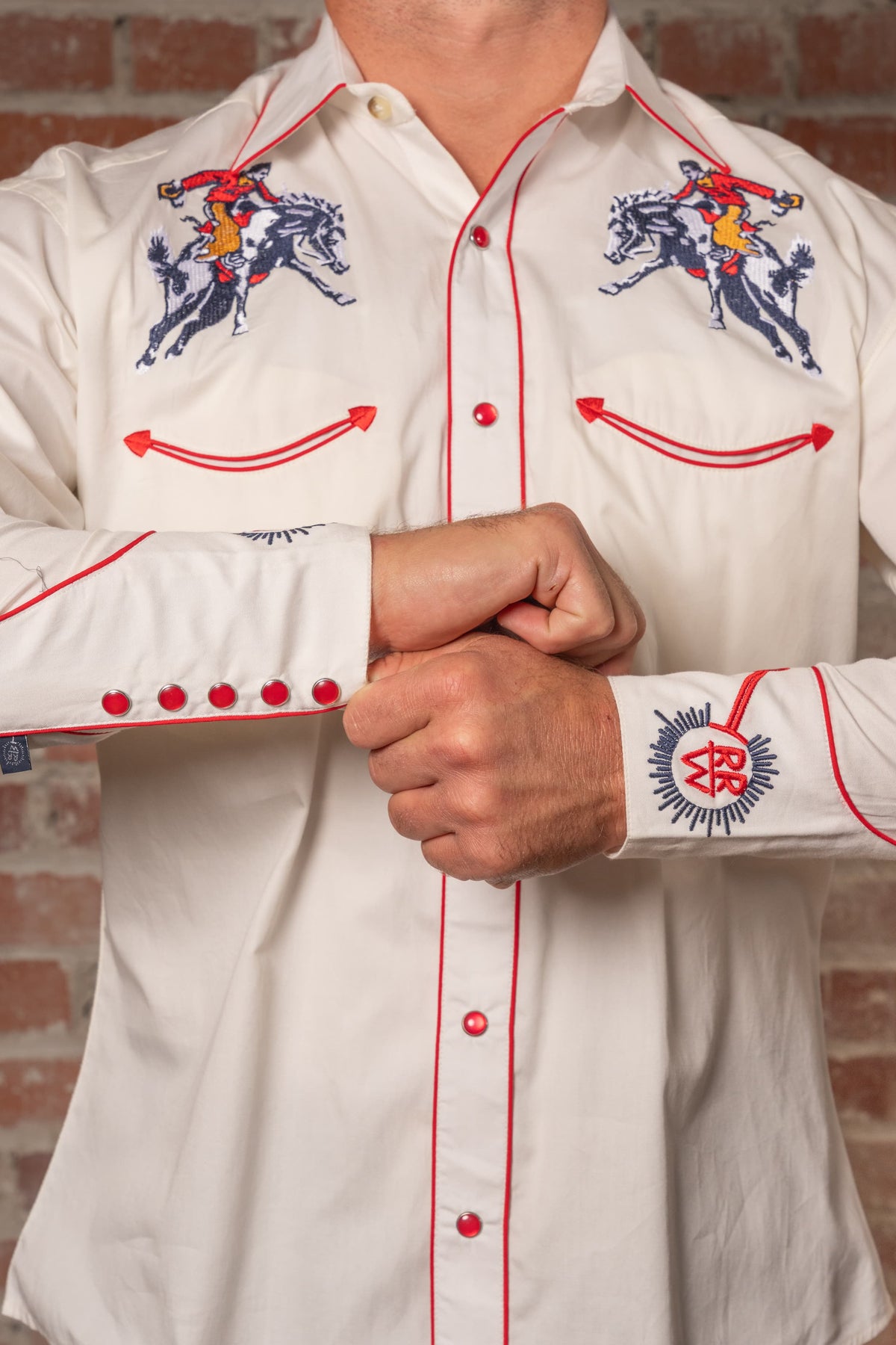Men's Rockmount Vintage Ivory Bronc Embroidered Western Shirt by Rockmount Ranch Wear with pearl snap