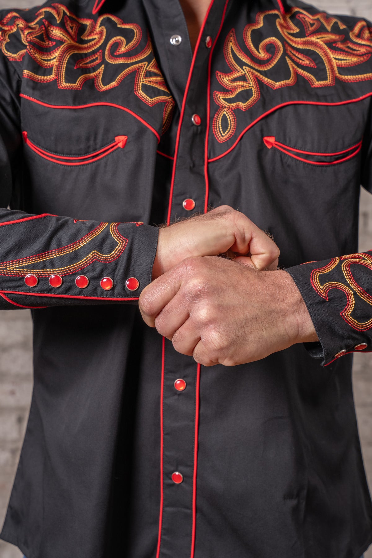 Men's Black Boot Top Embroidered Western Shirt by Rockmount Ranch Wear with vintage floral embroidered western wear