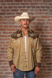Men's Vintage Tan Floral Butterfly Embroidered Western Shirt by Rockmount Ranch Wear with embroidered western shirt