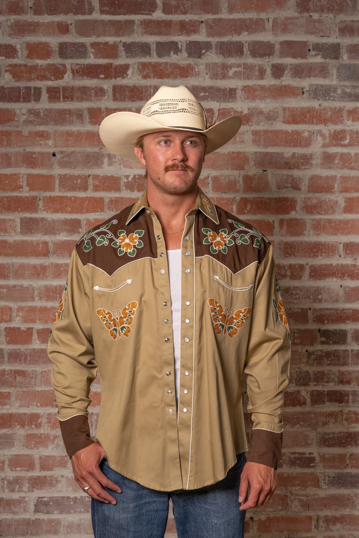 Men's Vintage Tan Floral Butterfly Embroidered Western Shirt by Rockmount Ranch Wear with embroidered western shirt