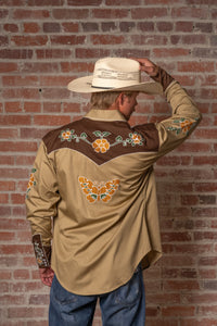 Men's Vintage Tan Floral Butterfly Embroidered Western Shirt by Rockmount Ranch Wear with embroidered western shirt