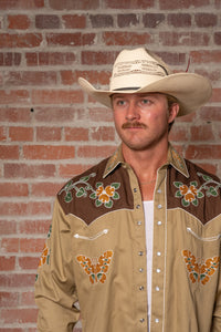 Men's Vintage Tan Floral Butterfly Embroidered Western Shirt by Rockmount Ranch Wear, western embroidered shirt