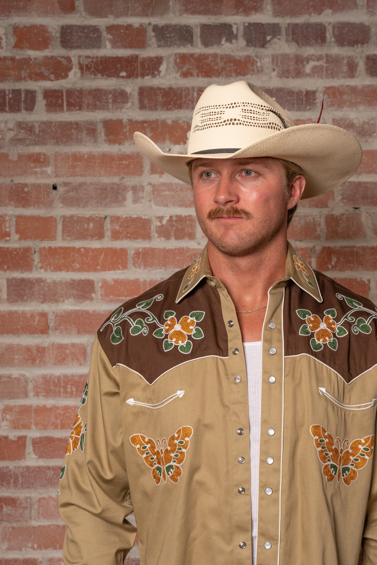 Men's Vintage Tan Floral Butterfly Embroidered Western Shirt by Rockmount Ranch Wear, western embroidered shirt