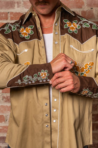 Men's Vintage Tan Floral Butterfly Embroidered Western Shirt by Rockmount Ranch Wear with embroidered western shirt