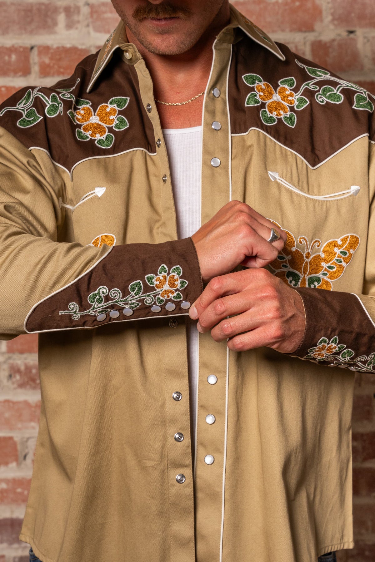 Men's Vintage Tan Floral Butterfly Embroidered Western Shirt by Rockmount Ranch Wear with embroidered western shirt