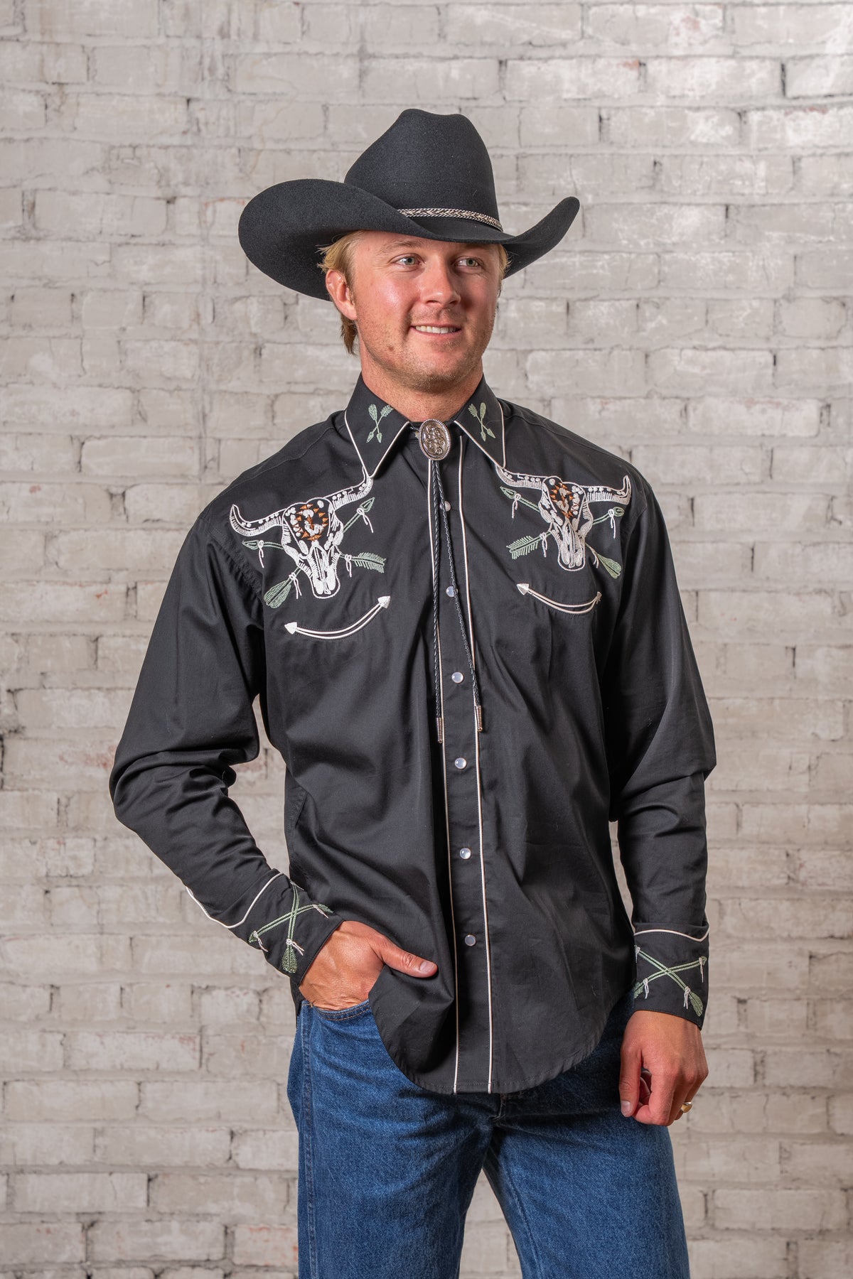 Men's Vintage Black Steer Skull Arrow Chain Stitch Embroidered Western Shirt by Rockmount Ranch Wear