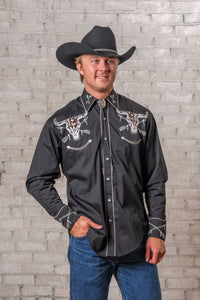 Men's Vintage Black Steer Skull Arrow Chain Stitch Embroidered Western Shirt by Rockmount Ranch Wear