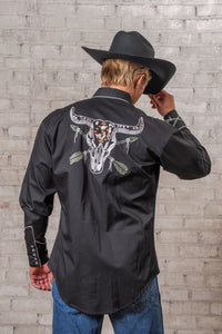 Men's Vintage Black Steer Skull Arrow Chain Stitch Embroidered Western Shirt by Rockmount Ranch Wear