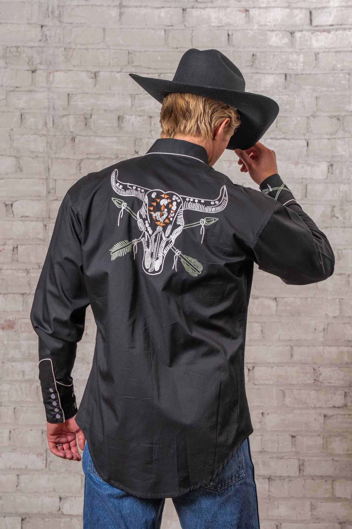 Men's Vintage Black Steer Skull Arrow Chain Stitch Embroidered Western Shirt by Rockmount Ranch Wear