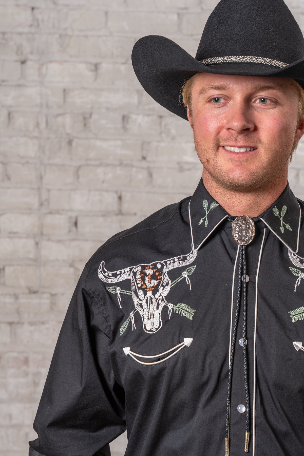 Men's Vintage Black Steer Skull Arrow Chain Stitch Embroidered Western Shirt by Rockmount Ranch Wear