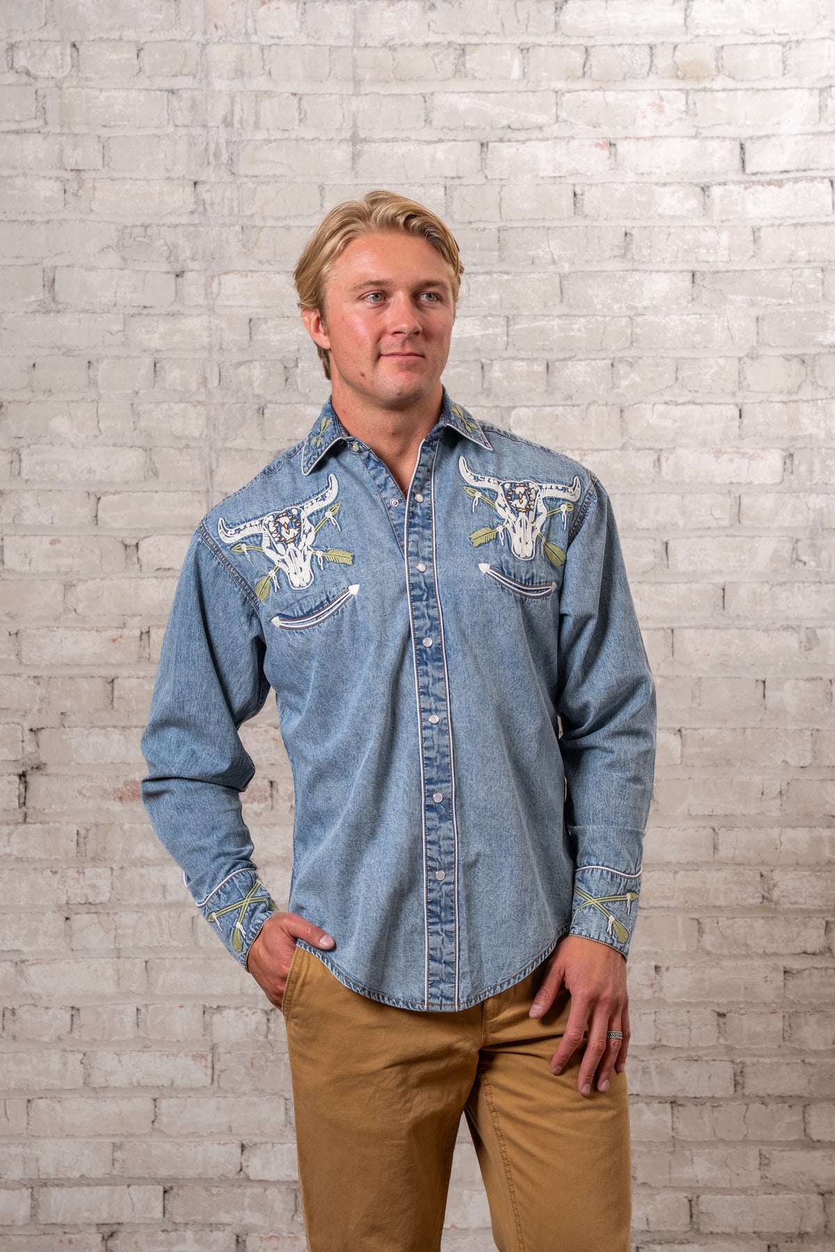 Men's Vintage Denim Steer Skull Arrow Chain Stitch Embroidered Western Shirt by Rockmount Ranch Wear, indigo denim
