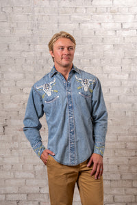 Men's Vintage Denim Steer Skull Arrow Chain Stitch Embroidered Western Shirt by Rockmount Ranch Wear, indigo denim